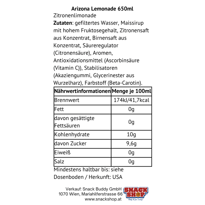 Arizona - Lemonade 650ml-SNACK SHOP AUSTRIA-SNACK SHOP AUSTRIA